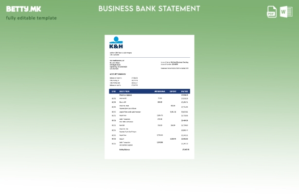модерен стил Унгарија K&H фирма извод на сметка Шаблон Word и PDF формат